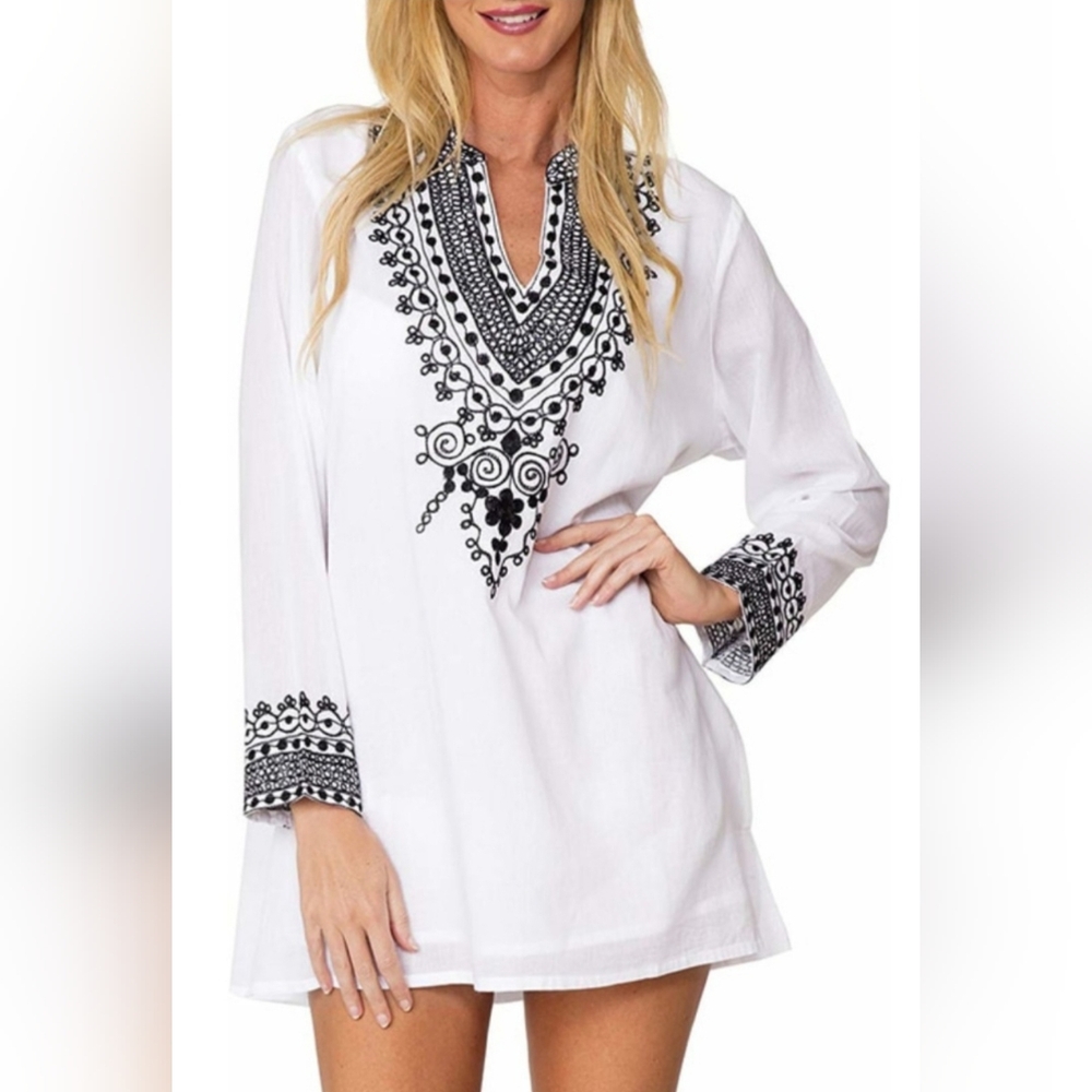 Ingear Resort Curta Tunic 100% Cotton White/Black Embroidered XL